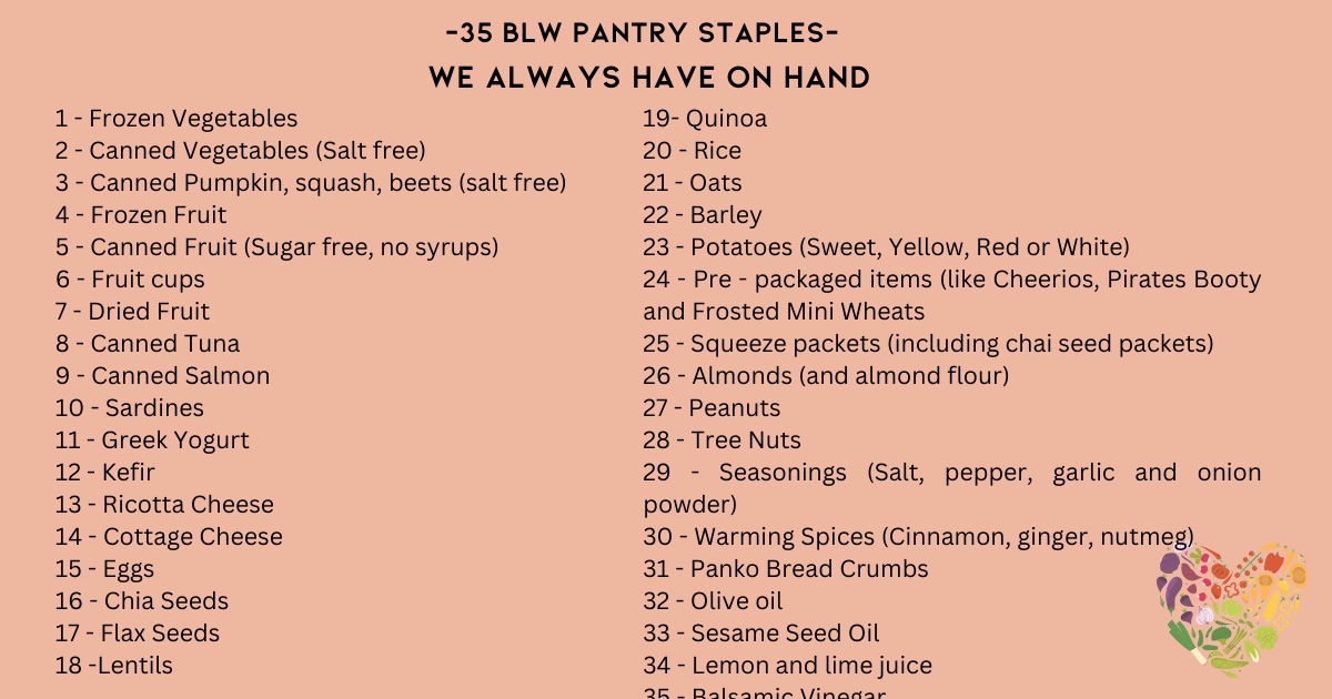 35 items for baby led weaning with heart in right bottom corner of screen with fruits and vegetables.