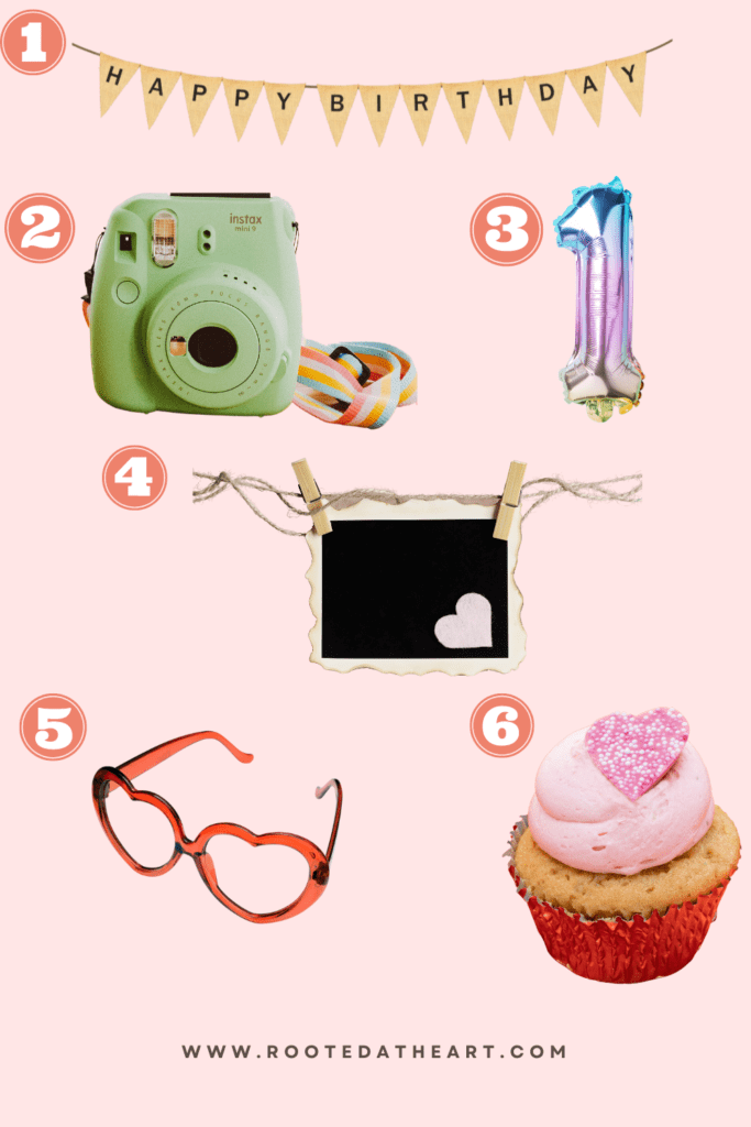 5 birthday party items- banner, camera, balloon, pictures, heart shaped sunglasses, cupcakes with heart and red liner