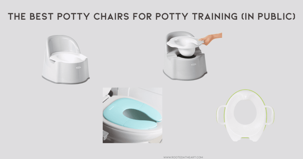 Three transportable potty. Two white and grey, one blue as a toilet reducer sitting on a while toilet. One white with a green outer ring.