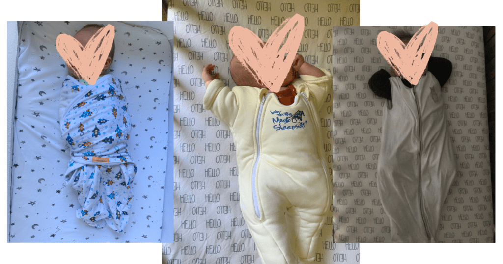 Three pictures of babies sleeping with light pink hearts over face. Babies laying on mattress
