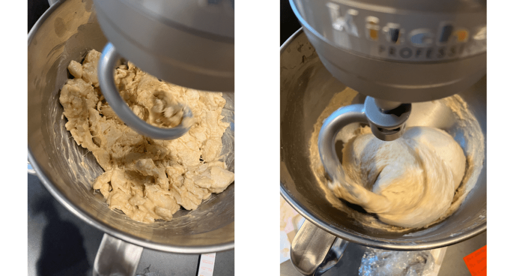 Two kitchenmaid mixers and mixing bowl with dough on the inside.