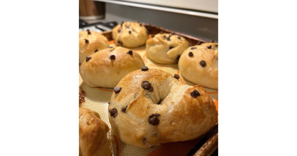 Six Sourdough Chocolate Chip Bagels on a sheet pan