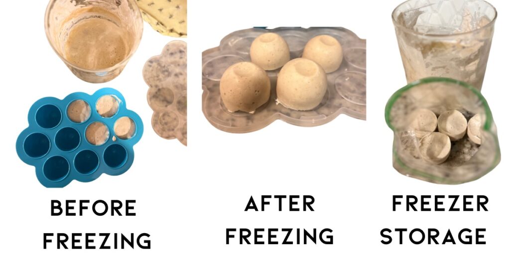 Three pictures of freezing sourdough. One in blue ice cube tray, one with cubes on top and one with sourdough jar behind frozen sourdough cubes. 