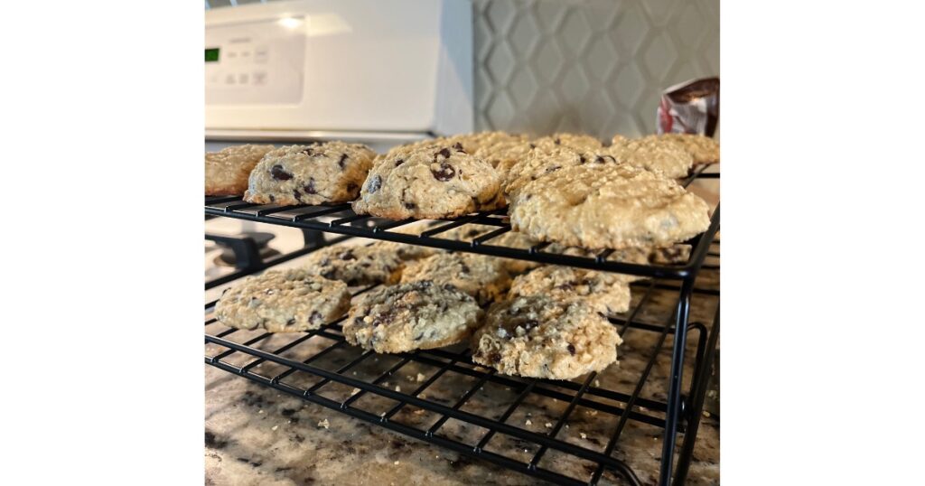 Sourdough lactation cookies stacked on cooling rack