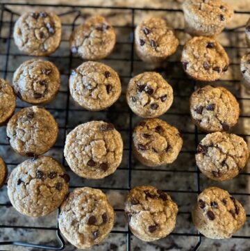 sourdough banana muffins on cooling rack close up