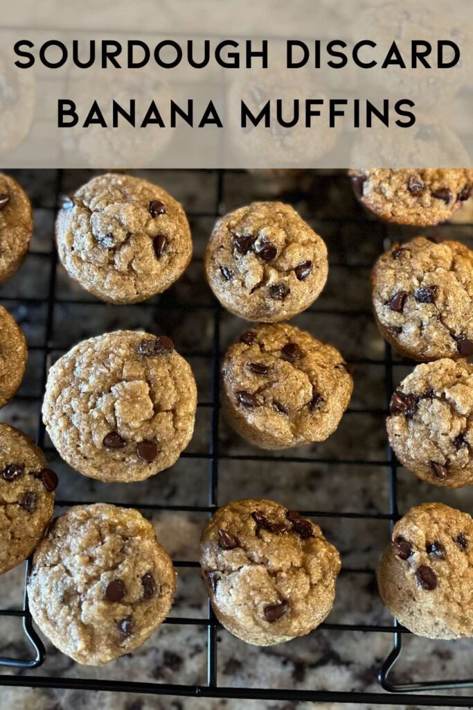 sourdough banana muffins on cooling rack with text on top