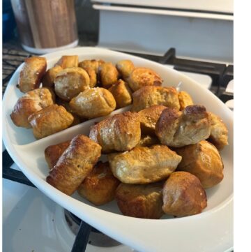 pretzel bites in a serving dish