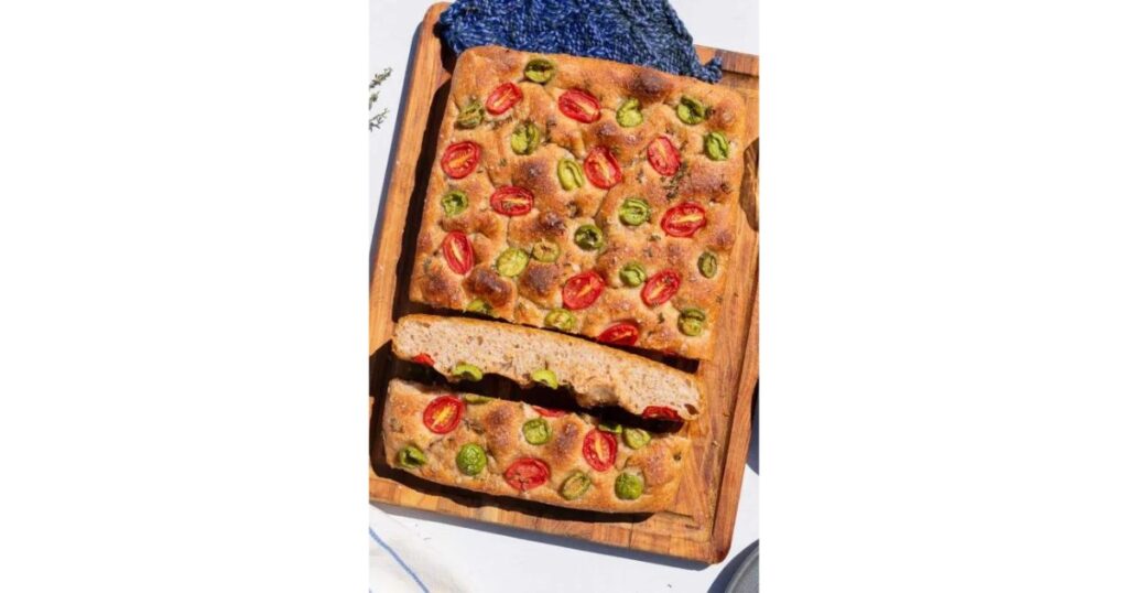 sourdough focaccia with green olives and tomato