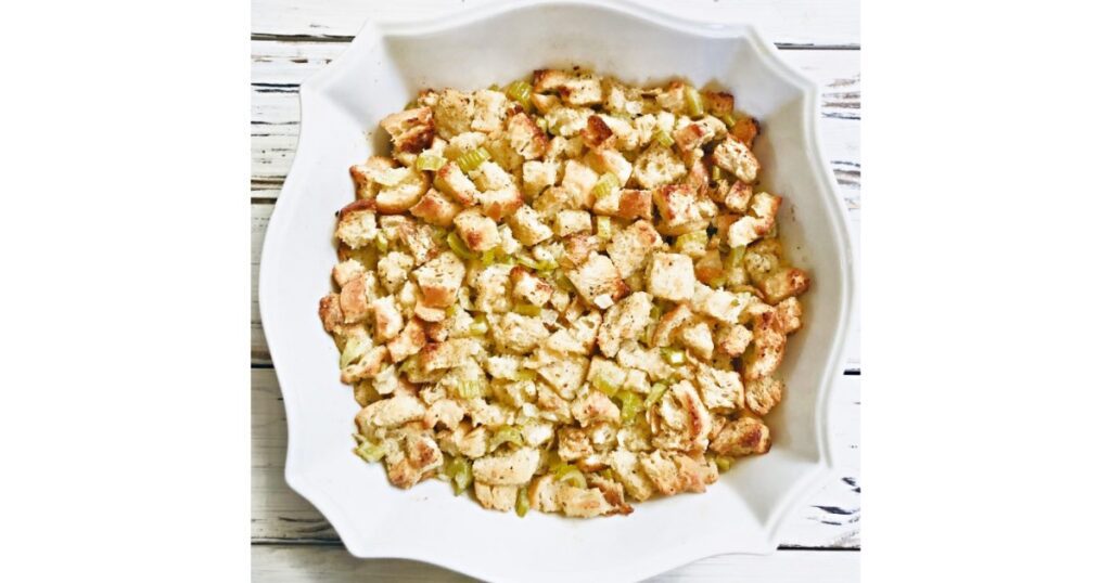 stuffing with celery in white dish