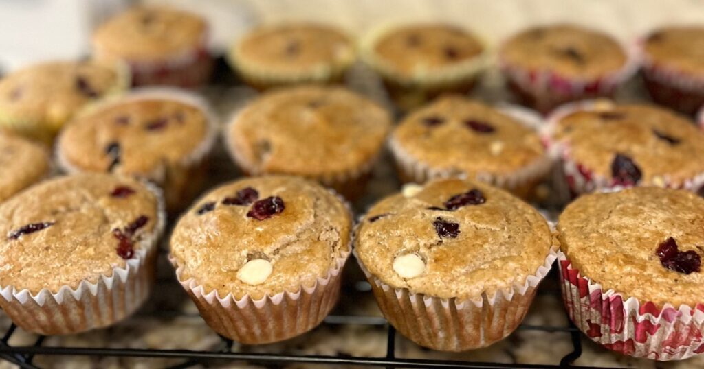 close up of muffins with white chocolate and dried cranberries 