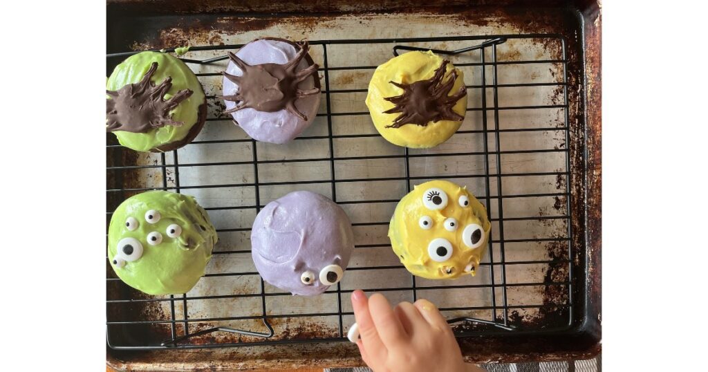 edible eyeballs and chocolate spices on donuts