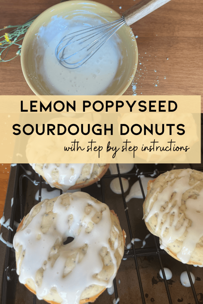 lemon poppyseed donuts a cooling rack and a whisk behind it in a bowl of icing