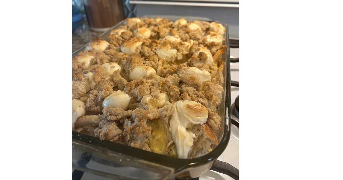 close up of cream cheese sourdough french toast casserole