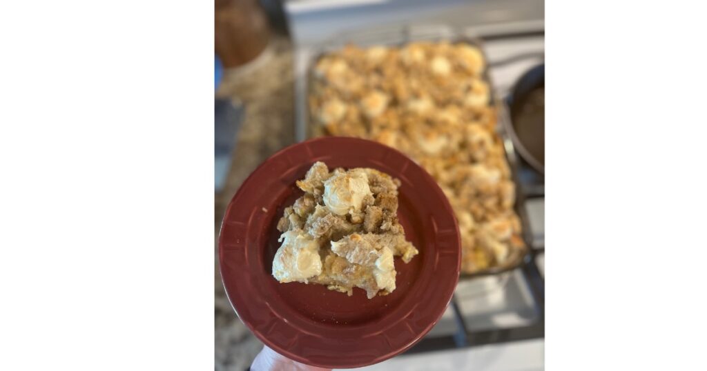 slice of french toast casserole on a red plate