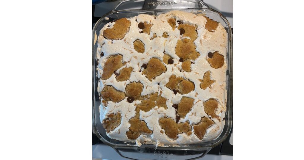 cooked sourdough s'mores bars in 8x8 glass container