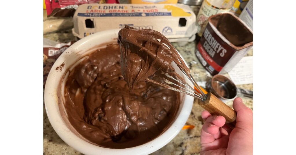 sourdough brownie batter in mixing bowl