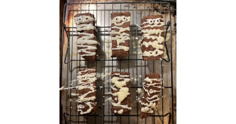 sourdough mummy brownies on wire rack sheet pan