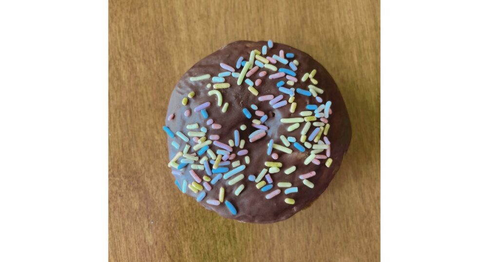 vanilla cake donut with chocolate and sprinkles