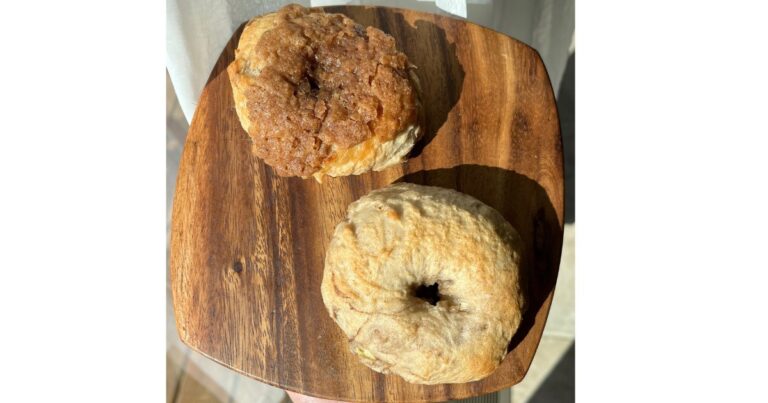 two sourdough cinnamon bagels