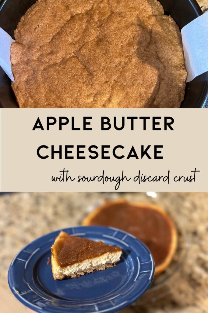 sourdough graham cracker crust and cheesecake with words in middle