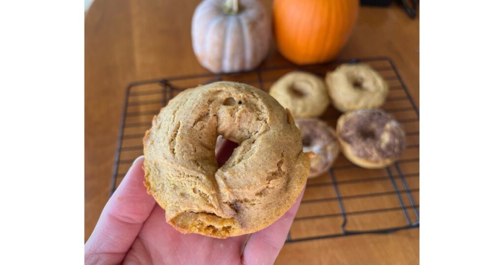 close up of sourdough pumpkin donut with donuts and pumpkins in background