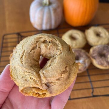 close up of sourdough pumpkin donut with donuts and pumpkins in background