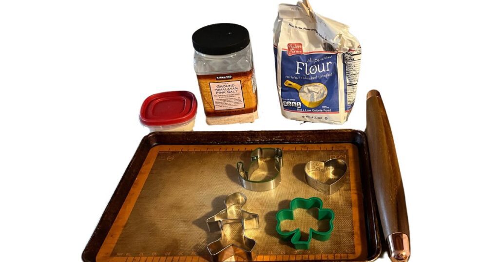 sourdough salt dough ingredients, rolling pin and cookie cutters