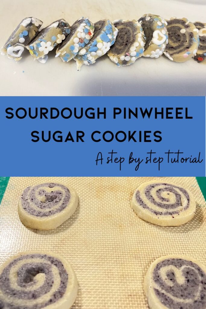 two pinwheel cookie pictures with text in middle