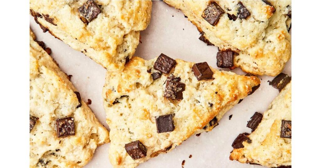 chocolate chip sourdough scones on plate