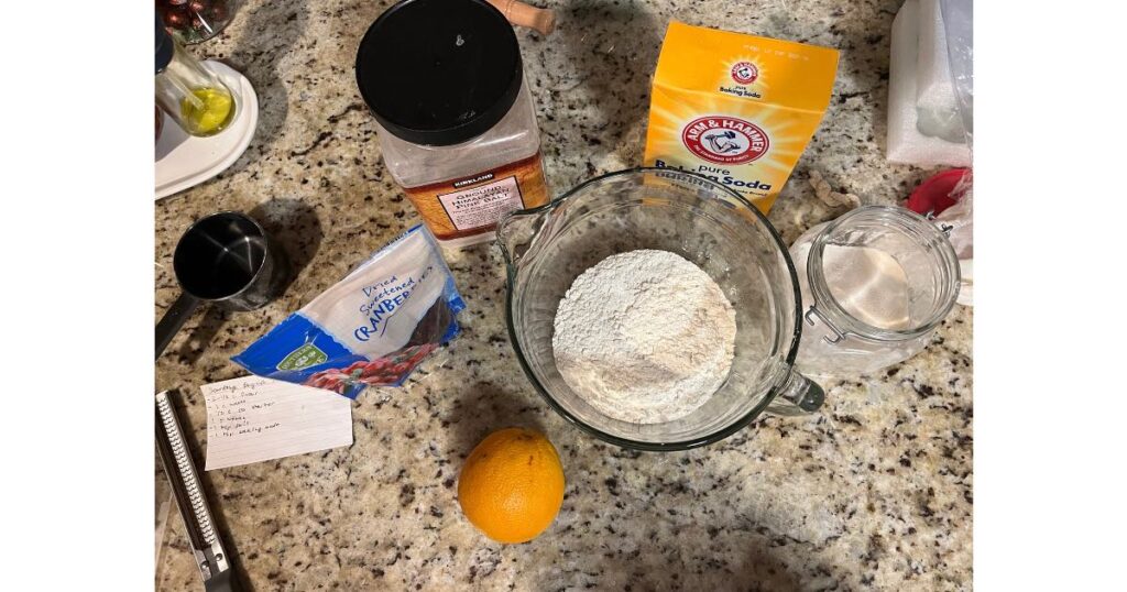 ingredients for cranberry orange sourdough english muffin bread