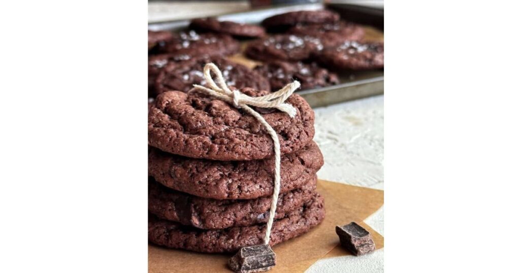 double chocolate sourdough cookies on a pan