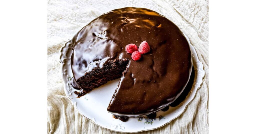 sourdough chocolate cake with raspberries