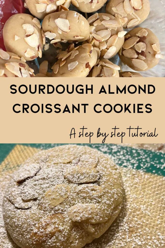 baked and raw sourdough almond croissant cookie dough with text in middle